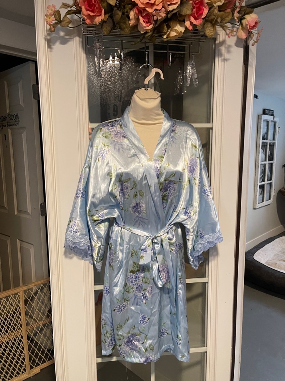 Light Blue Floral Satin Robe with Lace Trim